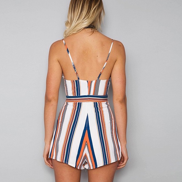 ♦️🆕Sweet Bow Tie Striped Romper Orange Navy - Picture 4 of 6